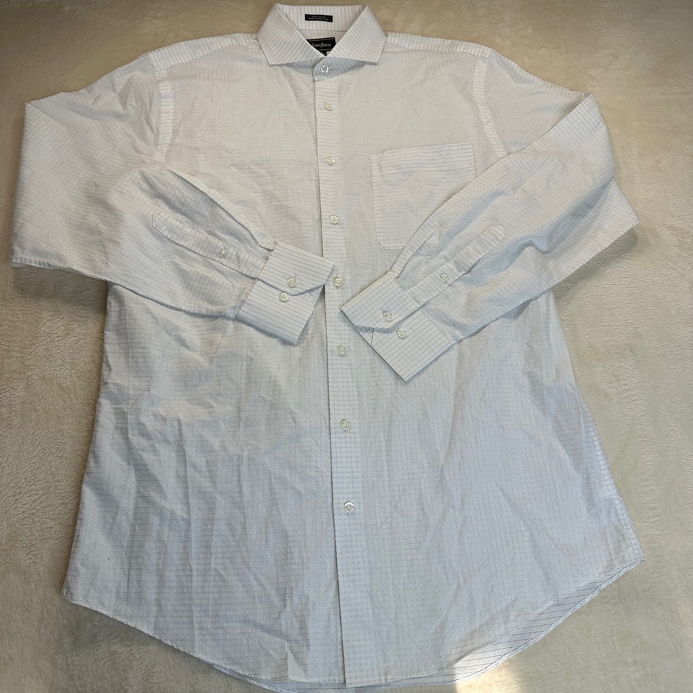 Neiman Marcus Mens White Blue Micro Grid Cotton Dress Shirt 16 34/35 L